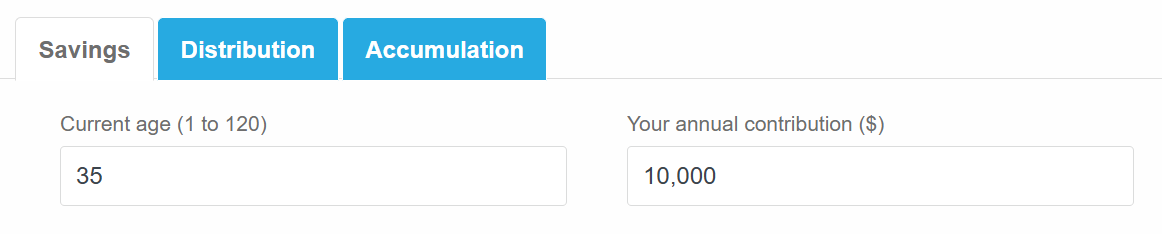 401(k)/IRA calculator savings section showing fields for current age and annual contribution amount