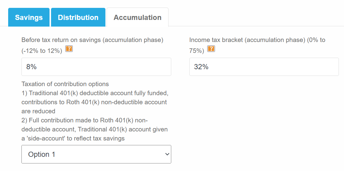 401(k)/IRA calculator accumulation section showing before-tax return expectations and the federal marginal tax bracket while saving