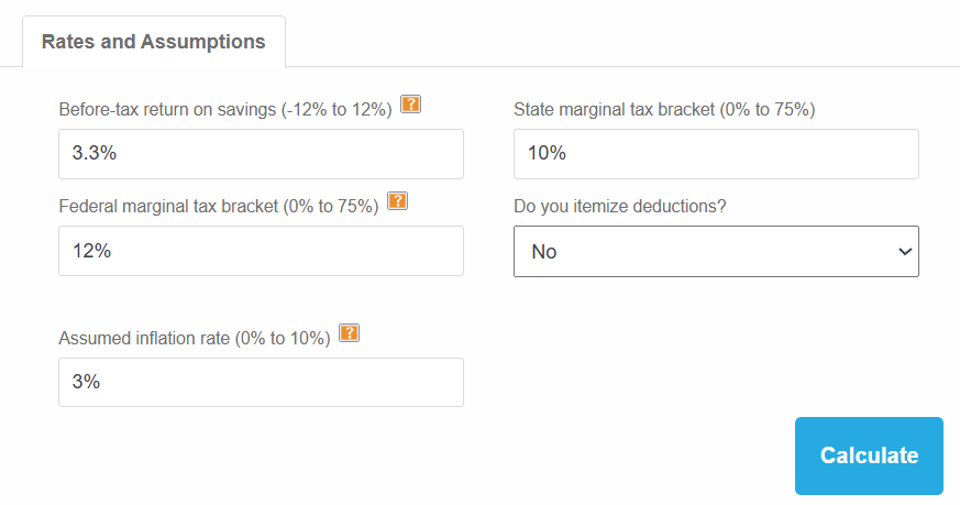Investment return calculator Rates and Assumptions panel with all fields completed and the Calculate button