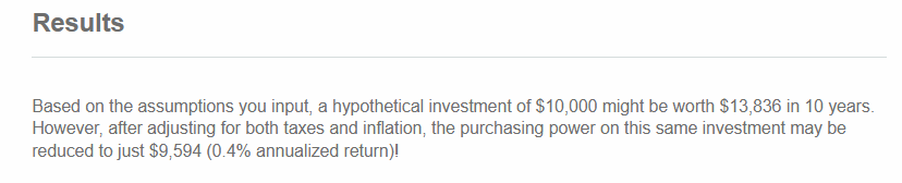 Investment return calculator results panel showing projected value and purchasing power after taxes and inflation