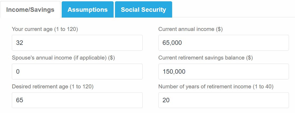 Retirement income calculator Income/Savings tab showing fields for current age, annual income, retirement savings, spouse income, retirement age, and years of retirement income