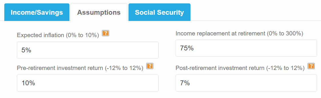 Retirement income calculator Assumptions tab showing expected inflation rate, income replacement at retirement, and pre- and post-retirement investment return fields