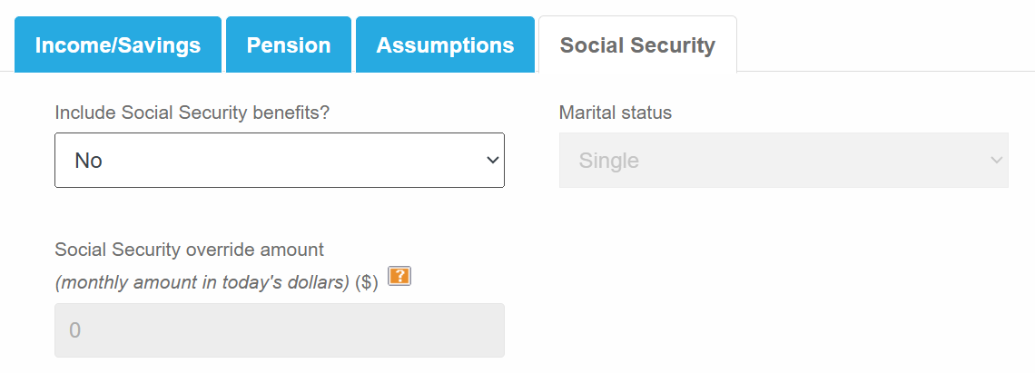 Retirement income calculator Social Security tab showing benefit and marital status options with an override field
