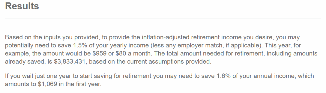 Retirement income calculator results panel showing the percentage of yearly income to save and the total amount needed for retirement