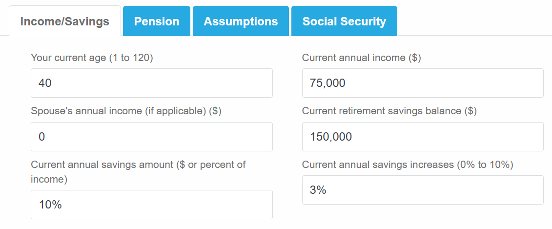 Retirement savings calculator Income/Savings tab showing fields for current age, annual income, retirement savings balance, and annual savings amount