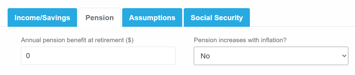 Retirement savings calculator Pension tab showing fields for pension amount and whether it increases with inflation