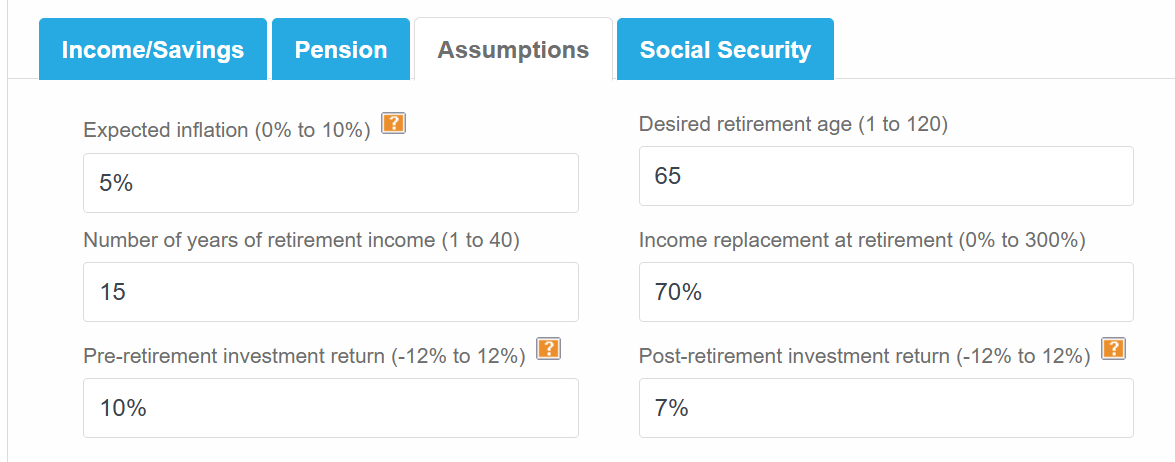 Retirement savings calculator Assumptions tab showing inflation rate, retirement age, years of retirement income, and investment return fields