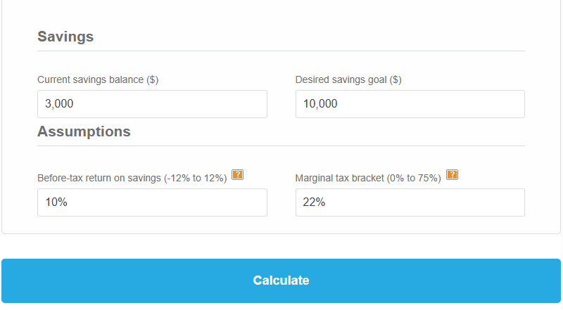 Savings calculator panel with current balance, savings goal, before-tax return, and tax bracket completed alongside the Calculate button